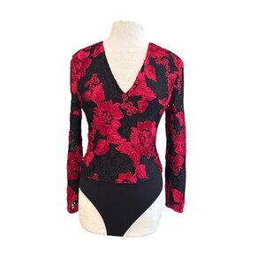 Express Black & Red Floral Lace Long Sleeve V-Neck Bodysuit Womens M